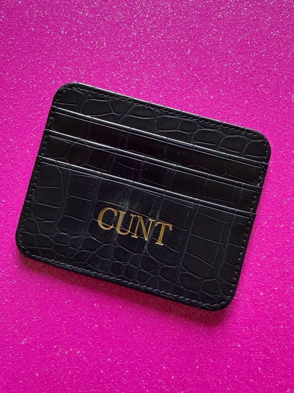 Black Croc-Embossed Vegan Leather Novelty Card Holder with Gold Lettering